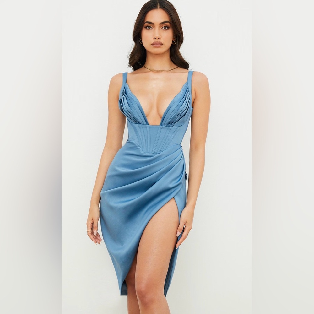 House of CB Faye Blue Satin Corset Midi Dress XS